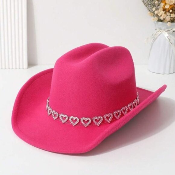 Hot Pink Cowgirl Cowboy Hat Rhinestone Heart Band Rodeo Western Country - Picture 1 of 3